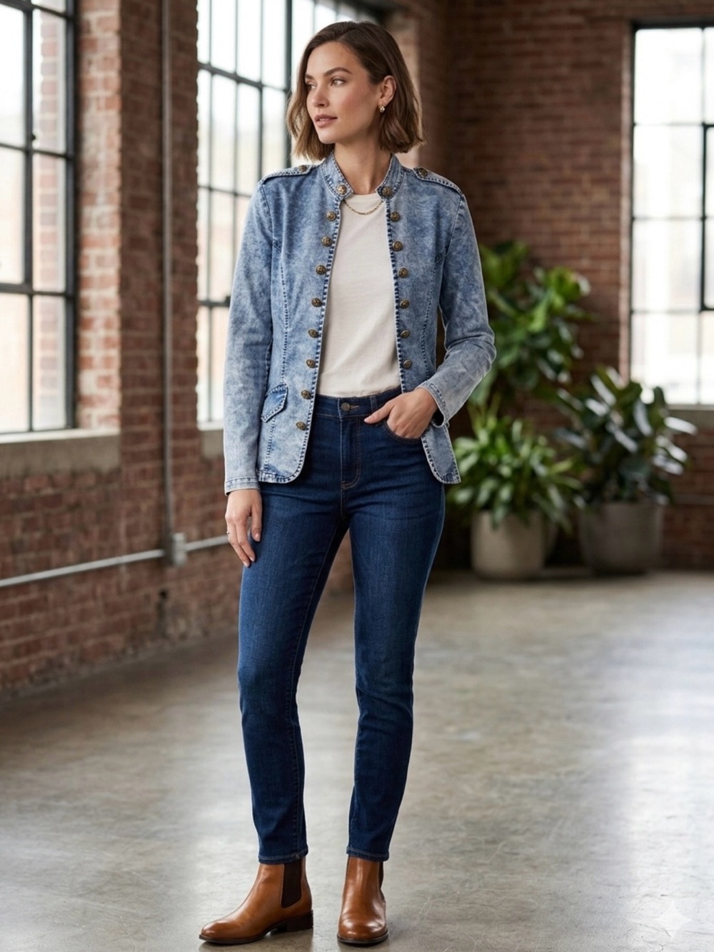 Lightweight light Blue Denim Military-Style Jean Jacket